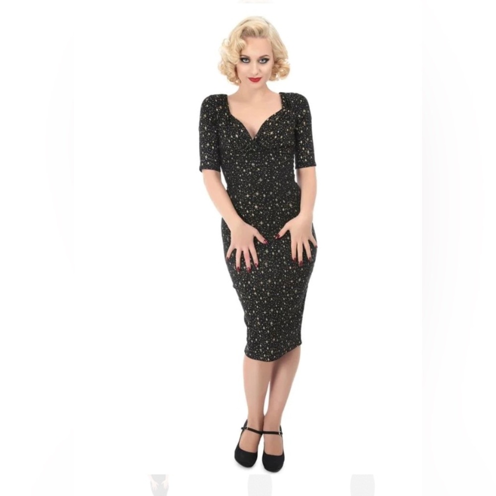 Collectif Trixie pencil dress, gold atomic star print size 8